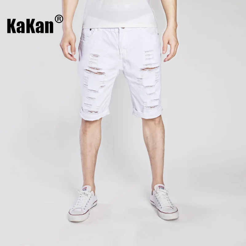 Kakan - Summer New Vintage Perforated Capris Jeans for Men, Royal Blue Red Distressed Washed Casual Jeans K35-F049
