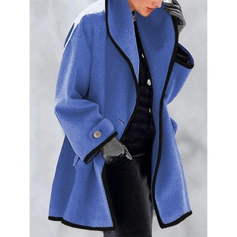 2023 Women's Autumn and Winter New Multicolor Round Neck Loose Woolen Coat One Button Color Matching Long-sleeved Casual Jacket