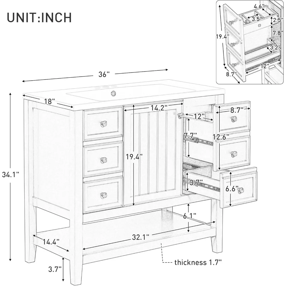 36" Bathroom Vanity with Sink Combo, Bathroom Sink Cabinet One Cabinet and Three Drawers, Solid Wood and MDF Board, Black 2