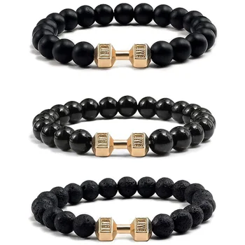 Vintage Men's Natural Stone Bead Dumbbell Pendant Elastic Strand Bracelet