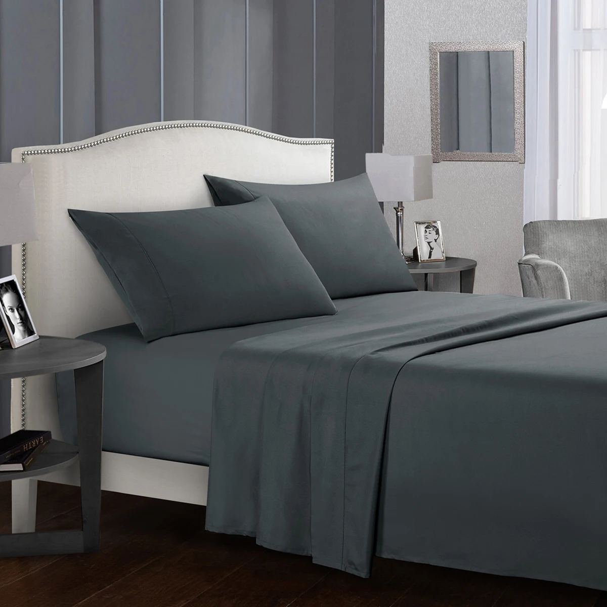 4pcs Solid Beding Set, Waterproof Fitted sheet & Bed Sheet & Pillowcases Soft, Queen, KIng, Full, Twin Size, White and Gray 1