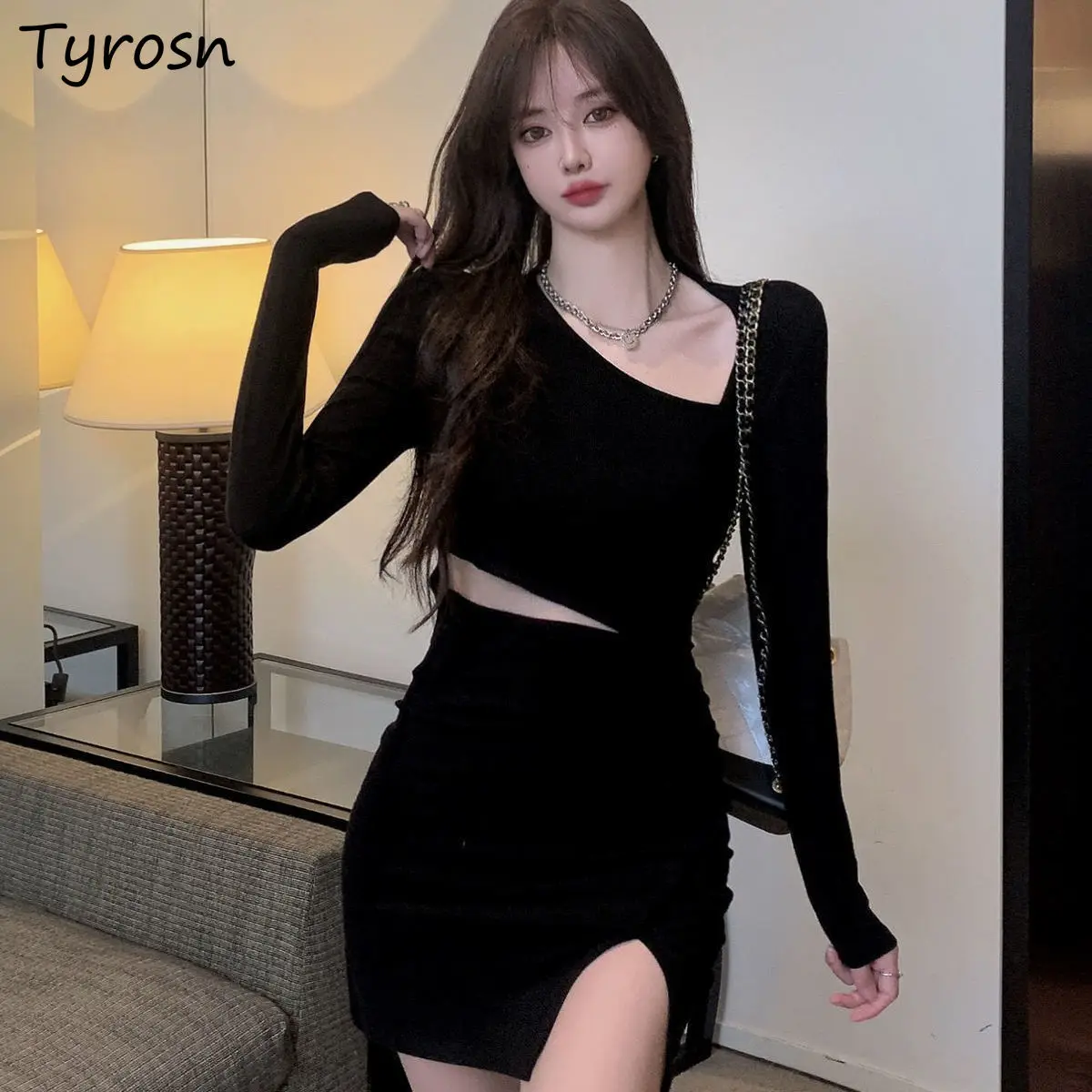 Women-Sexy-Sheath-Long-Sleeve-Dress-Hollow-Out-Side-Slit-Mini-Fashion ...