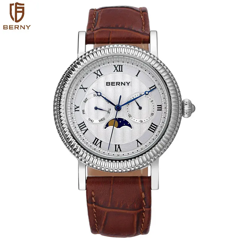 Berny Men's Quartz Multifunction Wristwatch Leather Watch Moon Phase