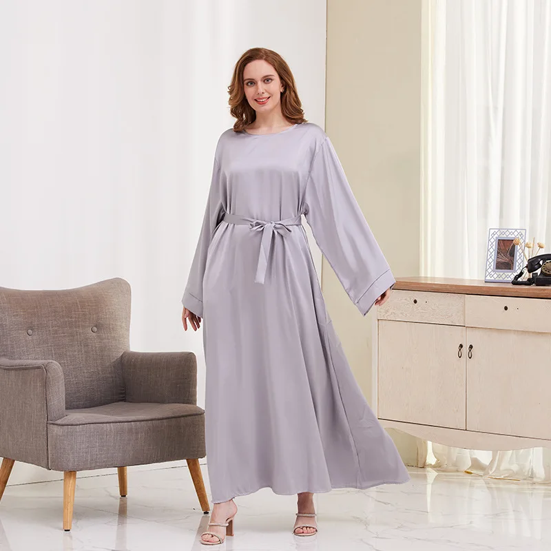 2023 Ramadan Muslim Abayat Dress Solid Traditional Prayer Dress Long Sleeve Women's Dress with Belt for Europe and America