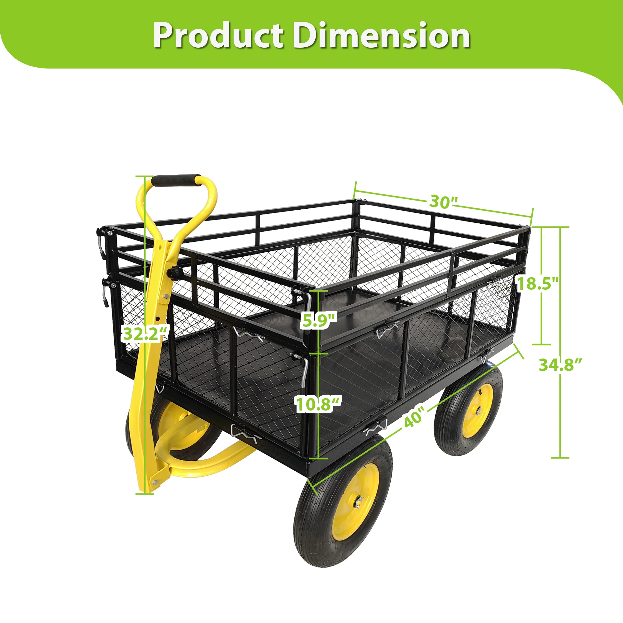 LZBEITEM Steel Garden Cart, Heavy Duty 1400 lbs Capacity, with Removable Mesh Sides to Convert into Flatbed, with16 in Tires 2