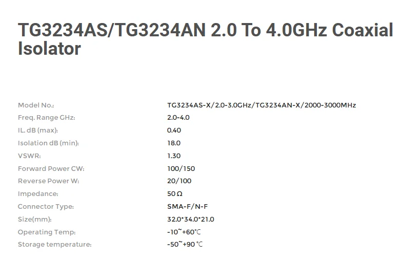 RFTYT TG3234AS/TG3234AN 2.0 to 4.0GHz Coaxial Isolator CW/CCW Waterproof isolato