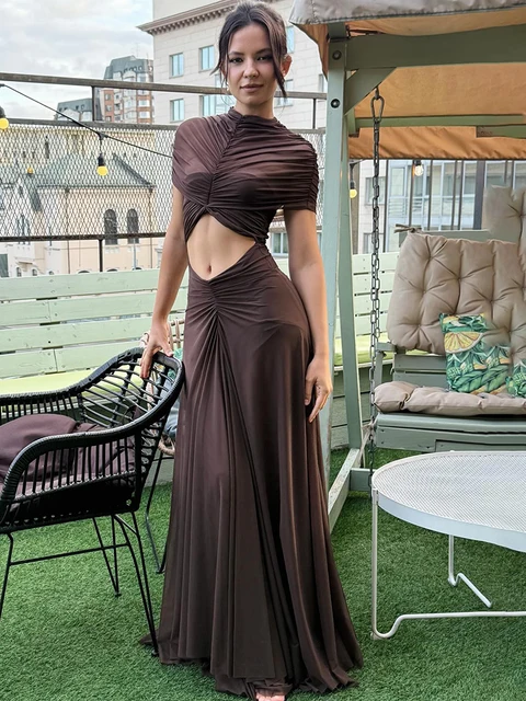JULISSA MO Sexy Hollow Out Turtleneck Women Maxi Dress Coffee Short Sleeve See Through Mesh Bodycon Elegant Party Evening Dress 1
