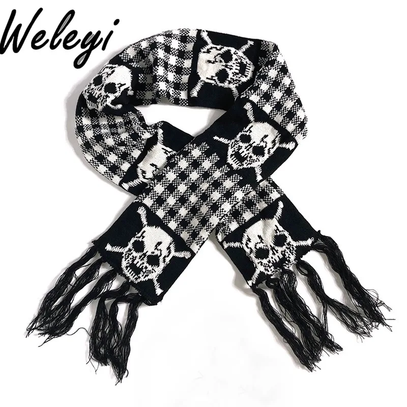 

Punk Dark Y2K Knitted Scarf for Women 2024 New Cool Hot Girl Subculture Harajuku Style Tassels Skull Thickened Warm Neck Scarfs