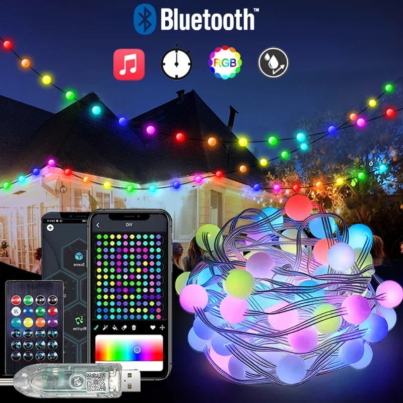 Decorative Lights Led String Lights Led Fairy Lights String Lights LED Lighting Strings Fairy Waterproof Bubble Ball Lamp Bluetooth APP Remote Control USB Music Controller Dream Color Christmas