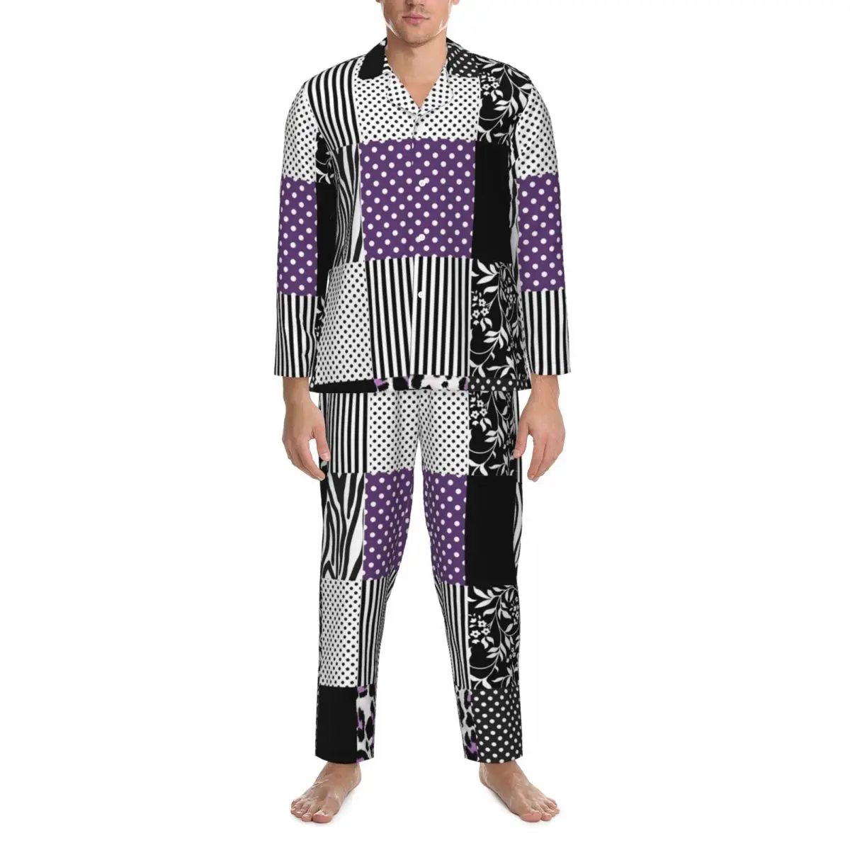 

Пижамный комплект в стиле пэчворк, осенняя фиолетовая и черная Милая Пижама для комнаты, женская повседневная одежда для сна из 2 предметов, домашний костюм большого размера с принтом, подарок