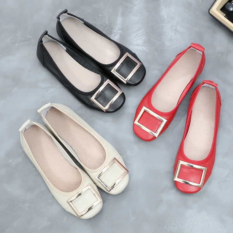 Top Layer Cow Genuine Leather Shoes Elegant Lady Shallow Mouth Soft Sole Single Shoes  Relax Lazy Casual Driving Shoes