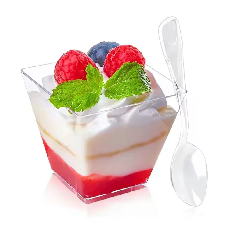 Clear Plastic 2oz/60ml Mini Disposable Dessert Cups with Lid and Spoon for Dessert, Pudding, Mousse, Yogurt, Snack (50Pcs)