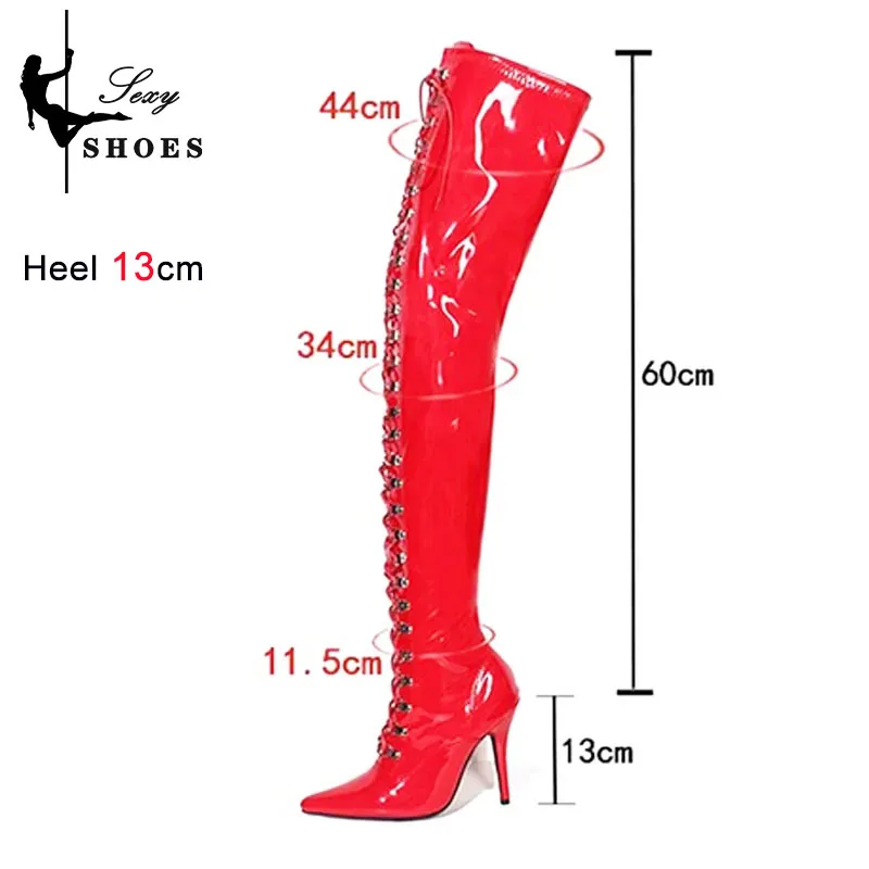 Pointed Toe Boots Women Winter Plush Warm Shoes Black Zipper Lace Up Sexy Model High Heels 2023 New Night Club Lady Thigh Boots