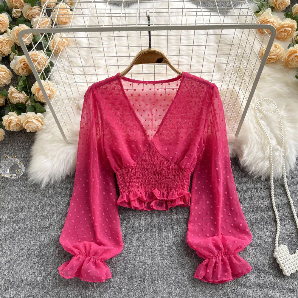 

2023 Spring&Autumn Fashion Korean Women Blouse Long Sleeve V Neck Elastic Ruched Slim Tops Elegant Streetwear Short Blouses
