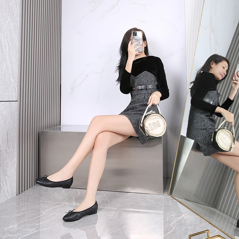 Women's Ballet Shoes Flat Round Toe Shallow Bow Woolen Leather women shoes women flats