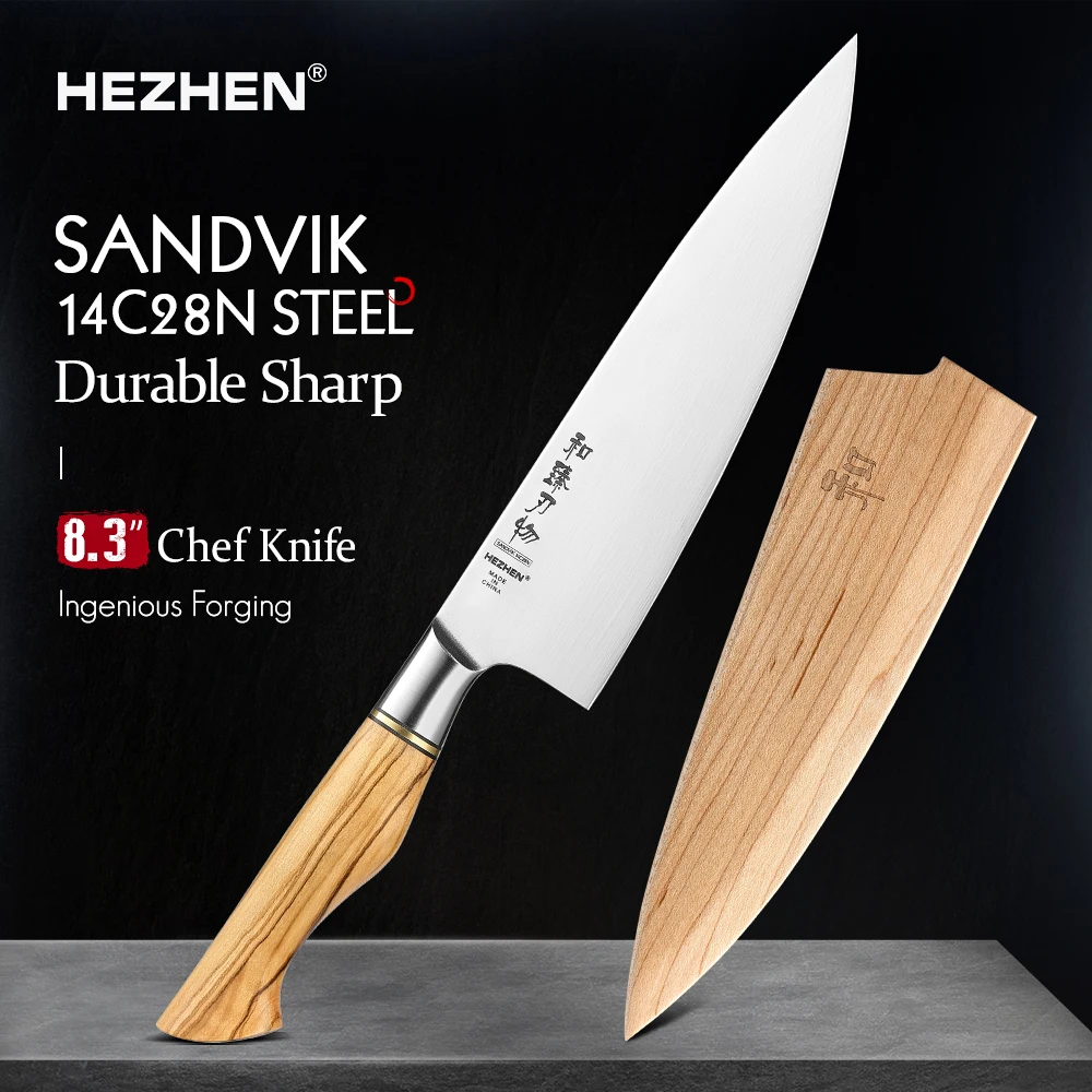 

HEZHEN 8.3 Inches Chef Knife Sandvik Stainless Steel Olive Wood Handle Kitchen Knife Cooking Tools Gift Box