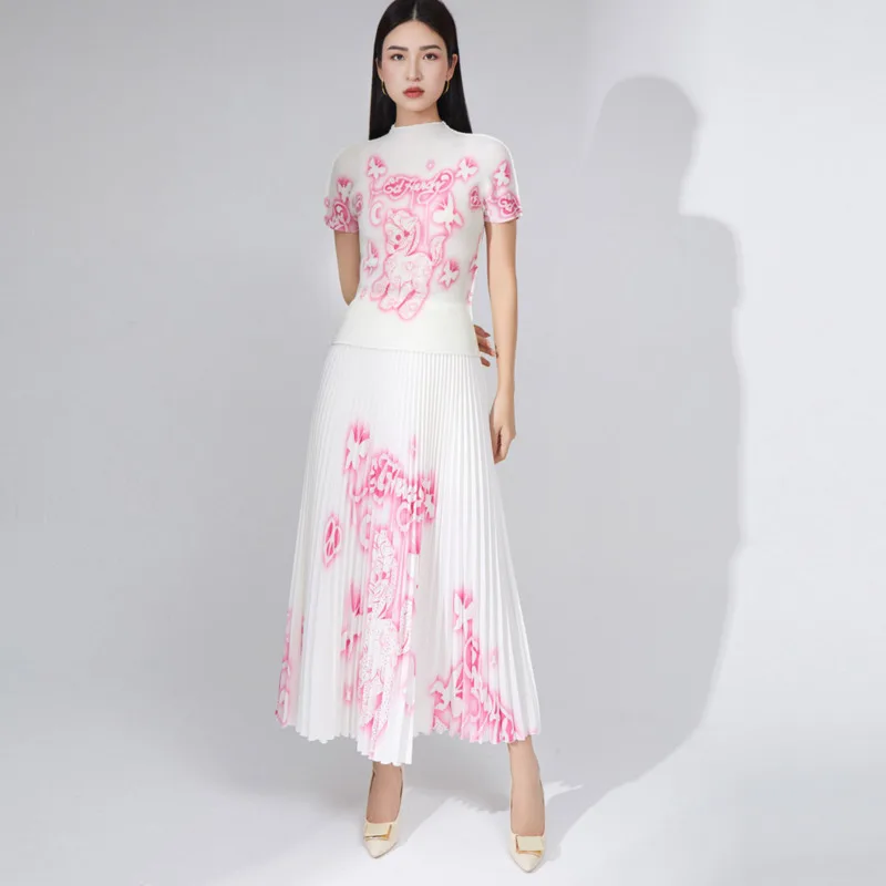 

COZOK Fashion Cartoon Printed T-shirt Women Pleated Short Sleeve Top + Half Length Skirt Two-piece Sets 2024 New Female WT446
