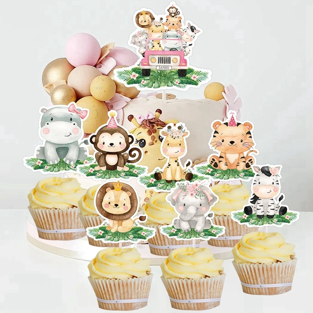 18pcs Carton Animal Cupcake Topper Pink Paper Toppers for Girl's Jungle Safari Birthday Party Cake Decoration DIY Cake Supplies
