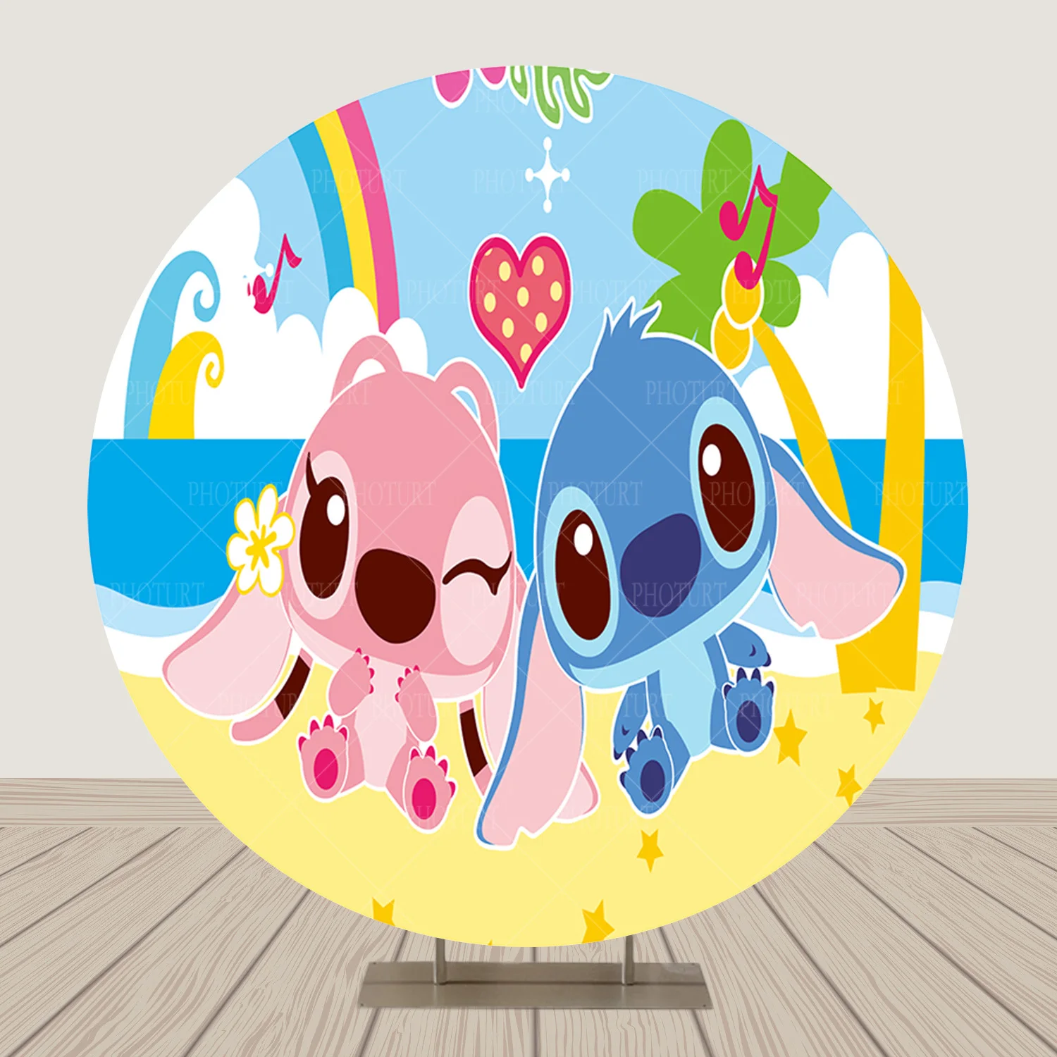 Fondo redondo de Stitch y Ángel de Disney para fiesta de cumpleaños de  niños, cartel de círculo rosa, accesorios de decoración de fotografía -  AliExpress, image size:1500x1500