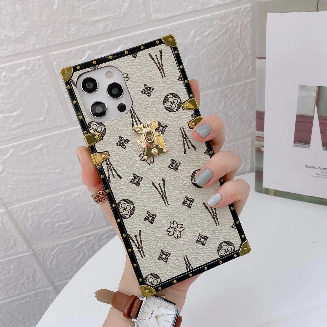 Luxury Geometric Leather Phone Case - Fashion Square Design