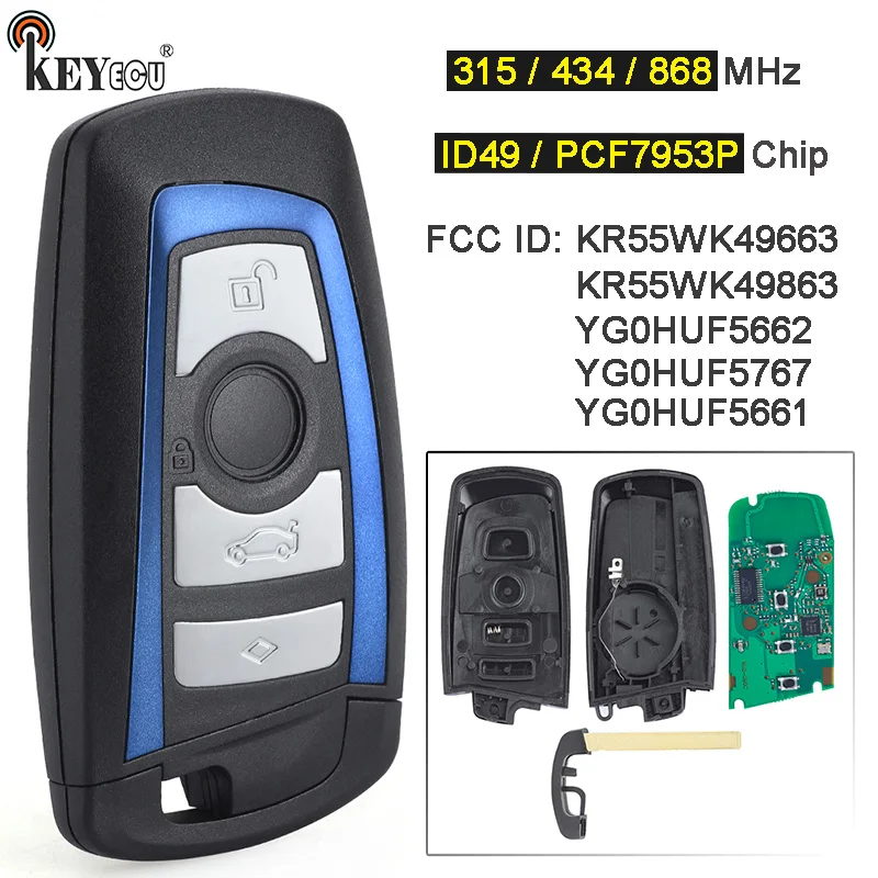 

KEYECU 315/434/868MHz PCF7953 Chip CAS4+/FEM 4 Button Keyless-Go Smart Remote Key Fob for BMW 1 2 3 4 5 6 7 Series X3 M2 Blue