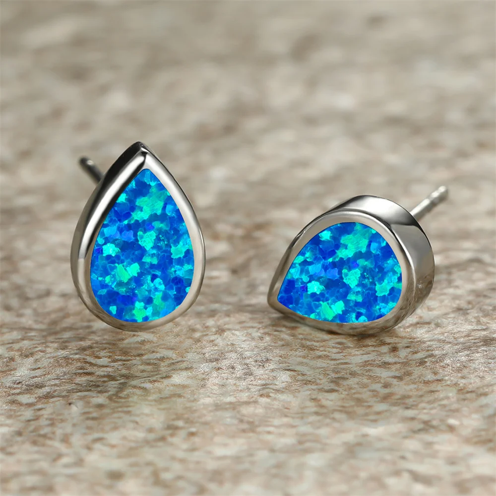 White Blue Opal Water Drop Stone Small Stud Earrings Fashion Silver Color Pear Cut Birthstone Wedding Jewelry For Women