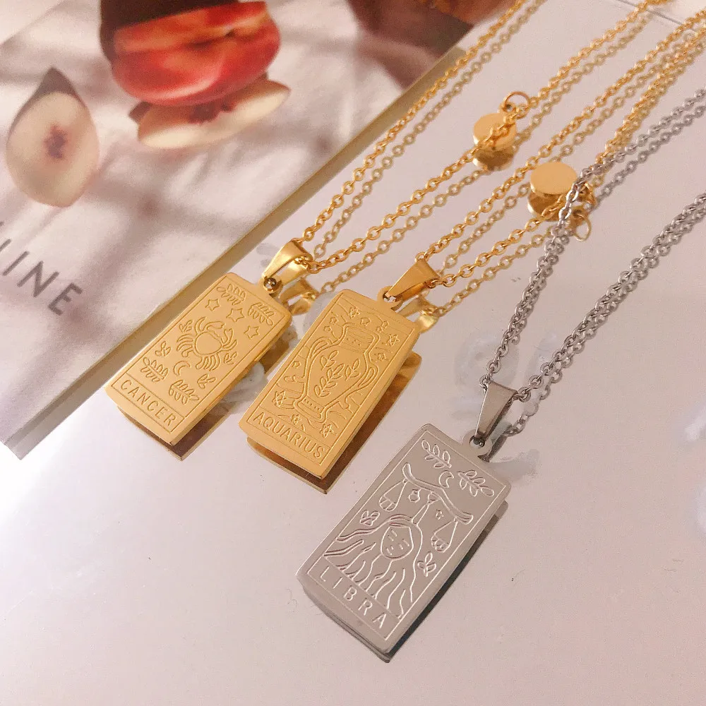 12 Constellations Horoscope Square Pendant Necklace for Women Men Vintage Gold Color Clavicle Chain Choker Collar Birhday Gifts
