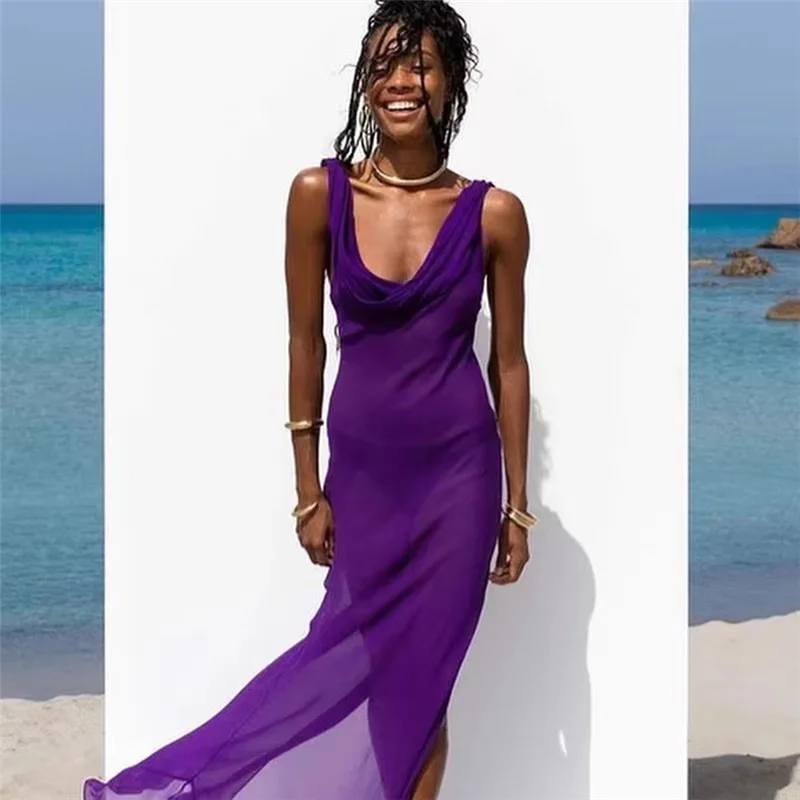 

Beach Sexy See Through Long Dress Sheer Maxi Dress Women Summer Party Club Mesh Swing Neck Sleeveless Backless