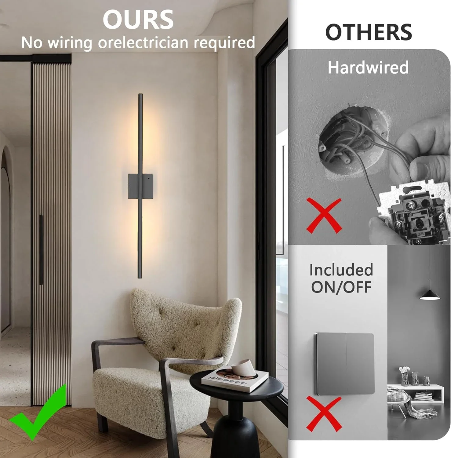 Rechargeable LED Wall Lamp Rotatable Segmented Warm Light For Living Room Bedroom Hallway Study Room Restroom Indoor Lighting