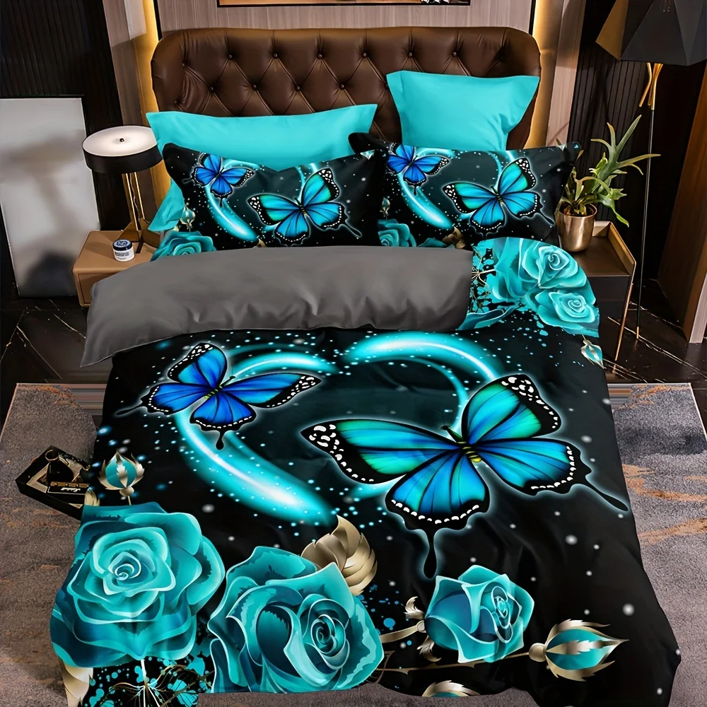 3pcs Enchanting Butterfly & Rose Floral Duvet Cover Set - Breathable Polyester, Zip Closure, All-Season Comfort - Vibrant Blue