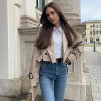 Khaki Cropped Trench Women Long Sleeves Cropped Design Jacket Chic Lady High Street Casual Loose Coats Top Female 2023 New - Image 5