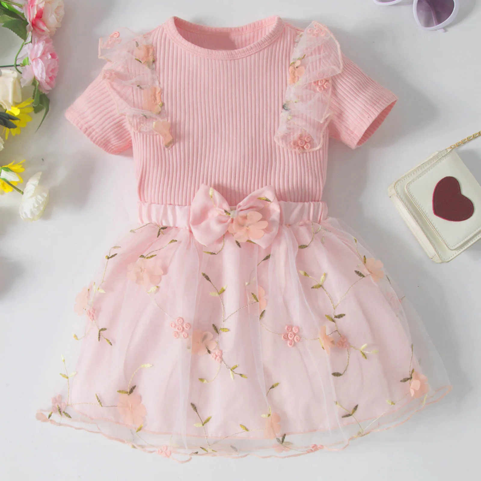 

Summer Baby Girl Clothes Sets Floral Print Toddler Girl Ruffle Ribbed Short Sleeve Tshirt Tops+Skirts Toddler Two Piece Outfits