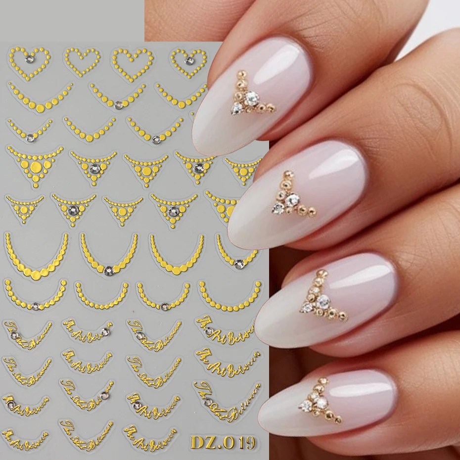 2개입 5D 엠보싱 골드 실버 프렌치 스타일 네일 스티커 우아한 라인스톤 메탈릭 물방울 무늬 곡선 라인 네일 참