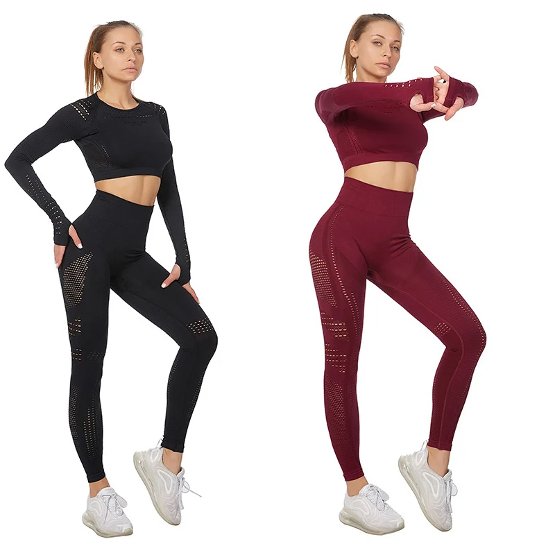 

Stretch Yoga Clothes 2pcs Set Fast Dry Mesh Breathless Sports Woman Yoga Clothing Set Crop Long Sleeves Tshirt High Waist Pants