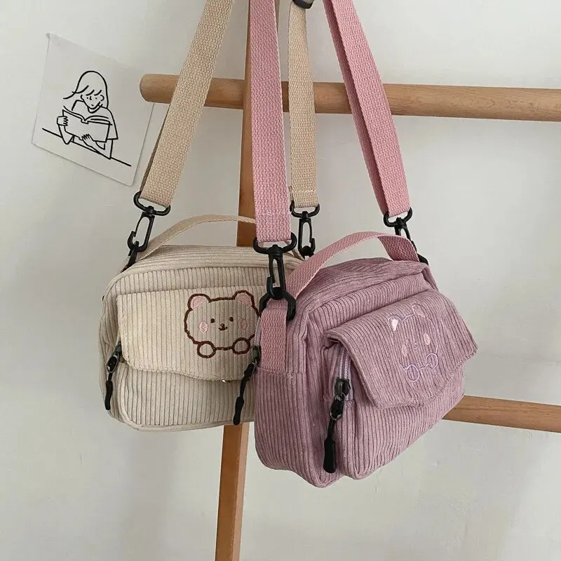 Personalized Teddy Bear Embroidered Diagonal Shoulder Corduroy Women's Crossbody Bag