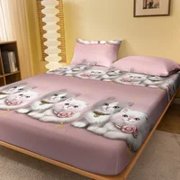 1 Cartoon Cute animal Cat printed matte Fitted Sheet, bedroom printed bed cover, bedding (excluding pillowcases) 1
