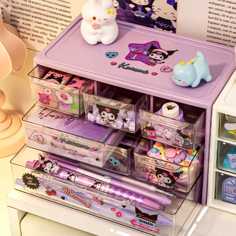 Sanrio 6 Grid Storage Box Desktop Drawer-type Transparent Organizing Box Desk Pen Holder Send Kuromi Melody Cinnamoroll Stickers desktop storage box
