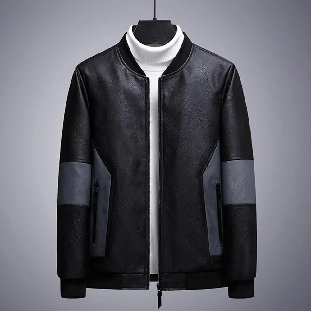 

Men Winter Jacket Stylish Men's Colorblock Patchwork Winter Jacket with Stand Collar Zipper Closure Windproof Pockets Faux