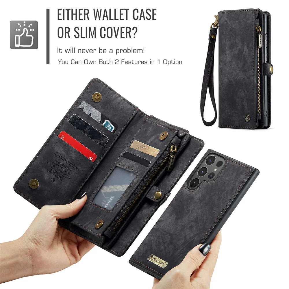 Luxury Leather Wallet Phone Case with Detachable Magnetic Zipper and Card Holder