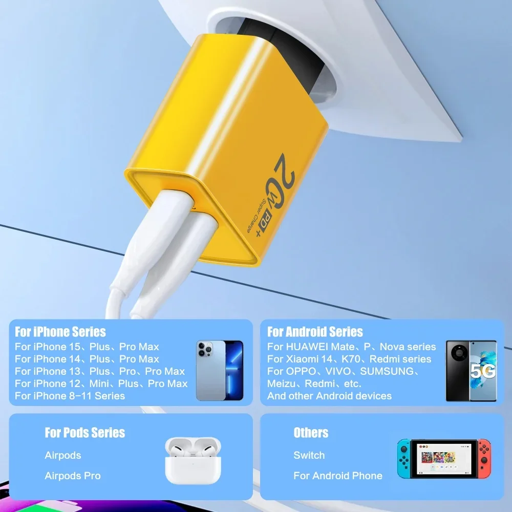20W USB Fast Charging Charger Type C Mobile Phone Power Adapter Wall Adapter For iPhone 15 Pro Max Samsung Xiaomi Huawei Charger