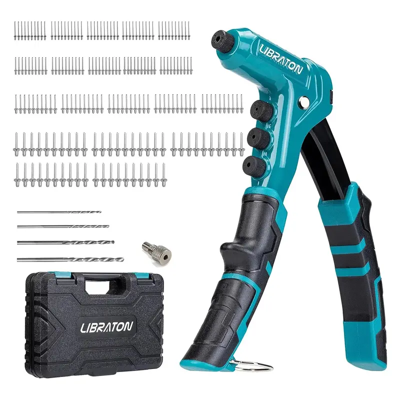 Libraton One-Handed Rivet Gun, Pop Rivet Gun Set, Professional Hand Riveter, Manual Riveting Tool with 200 Rivets for Metal