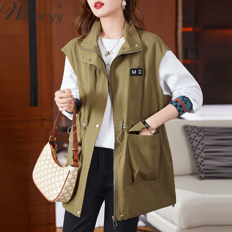 Women'S Casual Vest Spring Fall Stand Collar Cargo Khaki Sleeveless Jacket Slim Waist Lace Up Waist Plus Size Waistcoat