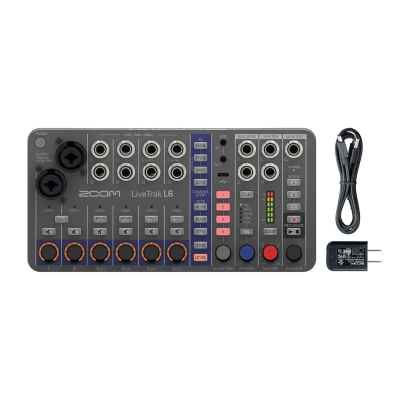 ZOOM LiveTrak L6 디지털 믹서/레코더, 32비트 플로트, 10채널, 2 콤보 + 4 스테레오 입력, MIDI, 효과, 배터리 전원 공급