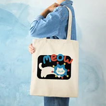 

Women Cute Cloth Shoulder Bag Shopper Lady Casual Durable Handbag Cartoon Cat Print Large Canvas Reusable Shopping Tote Bag Girl