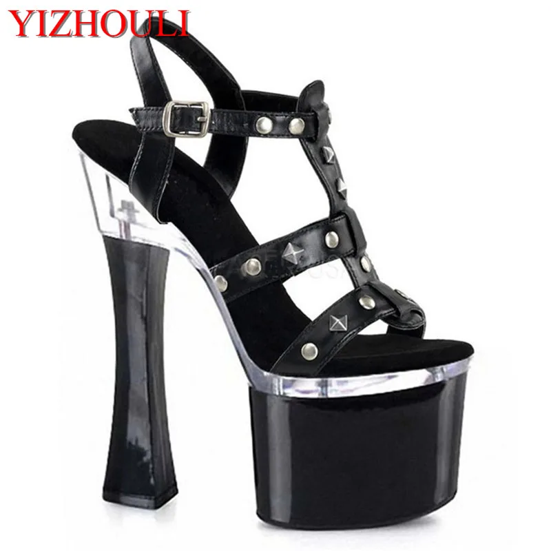 

Women's shoes with thick heels stage pole dancing shoes 17-18-20 cm sexy shoes, rivet vamp decorative dance shoes