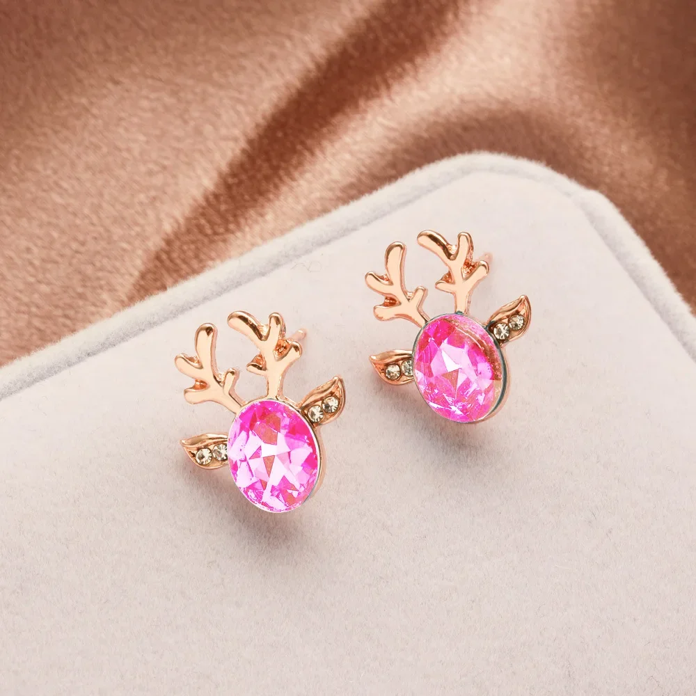 Cartoon Animal Deer Stud Earrings Small Antler Earing For Girls Kid CZ Crystal Stone Christmas Gift Jewelry Women pendientes
