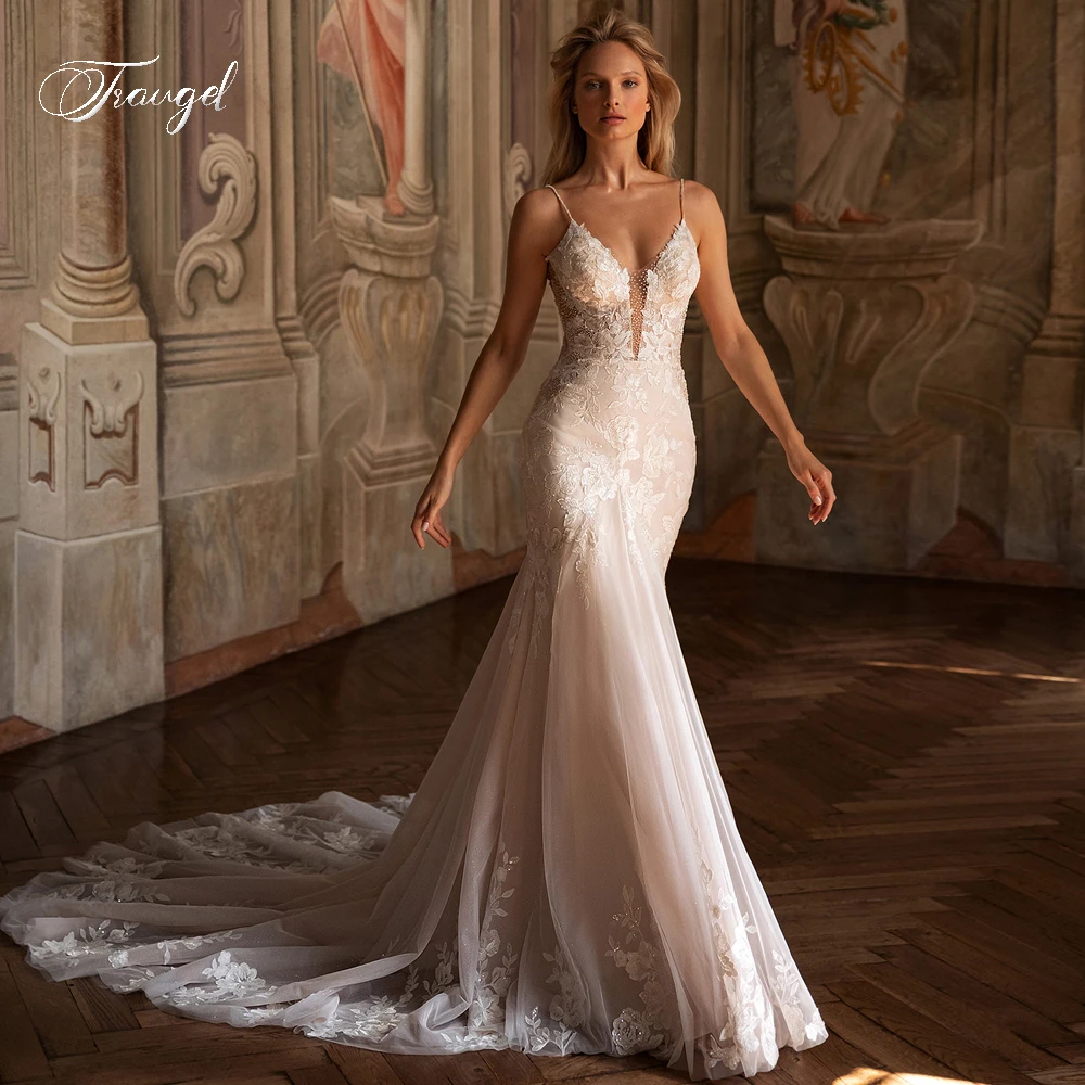 

Traugel Sexy Backless Sweetheart Lace Mermaid Wedding Dress Exquisite Spaghetti Straps Appliques Beaded Court Train Bridal Gown