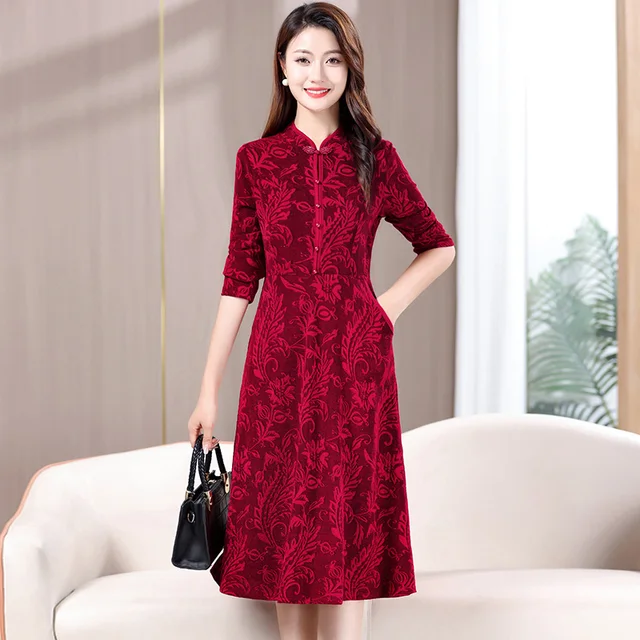 Women's Cheongsam Elegan Casual Disc Buckle Jacquard Flower Dress Plus Size Women A-line Long Sleeve Dresses Party Vestidos 1