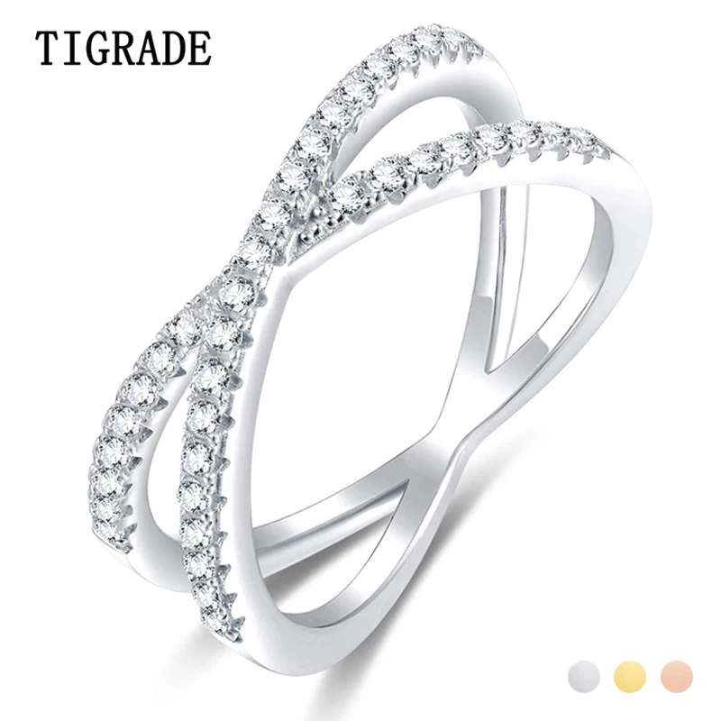 

TIGRADE 925 Sterling Silver X Ring Cubic Zirconia Cross Wedding Engagement Party Ring for Women anillos plata 925 para mujer