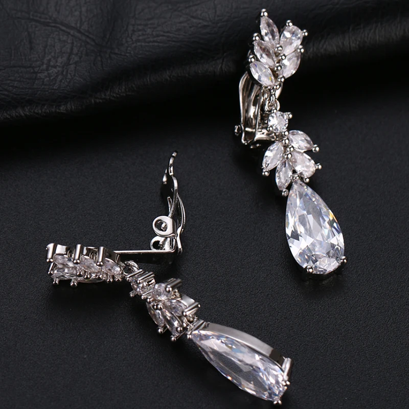 Fashion Leaf Zircon Clips Earrings for Women Silver Color Drop Water Clip Earings Long Crystal Wedding Ear Cuff Jewelry Gifts,ear clip earrings